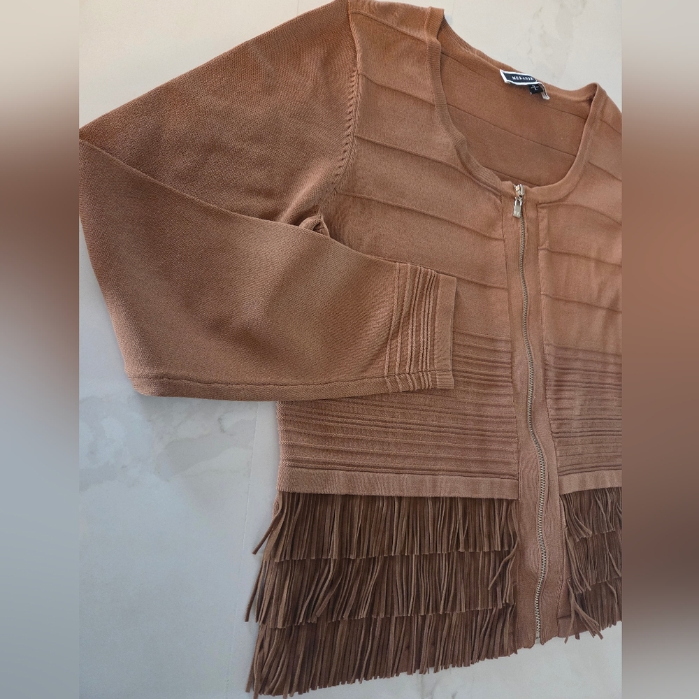 Fringed Camel Zip Textured Horizontal Knit Line Cardigan